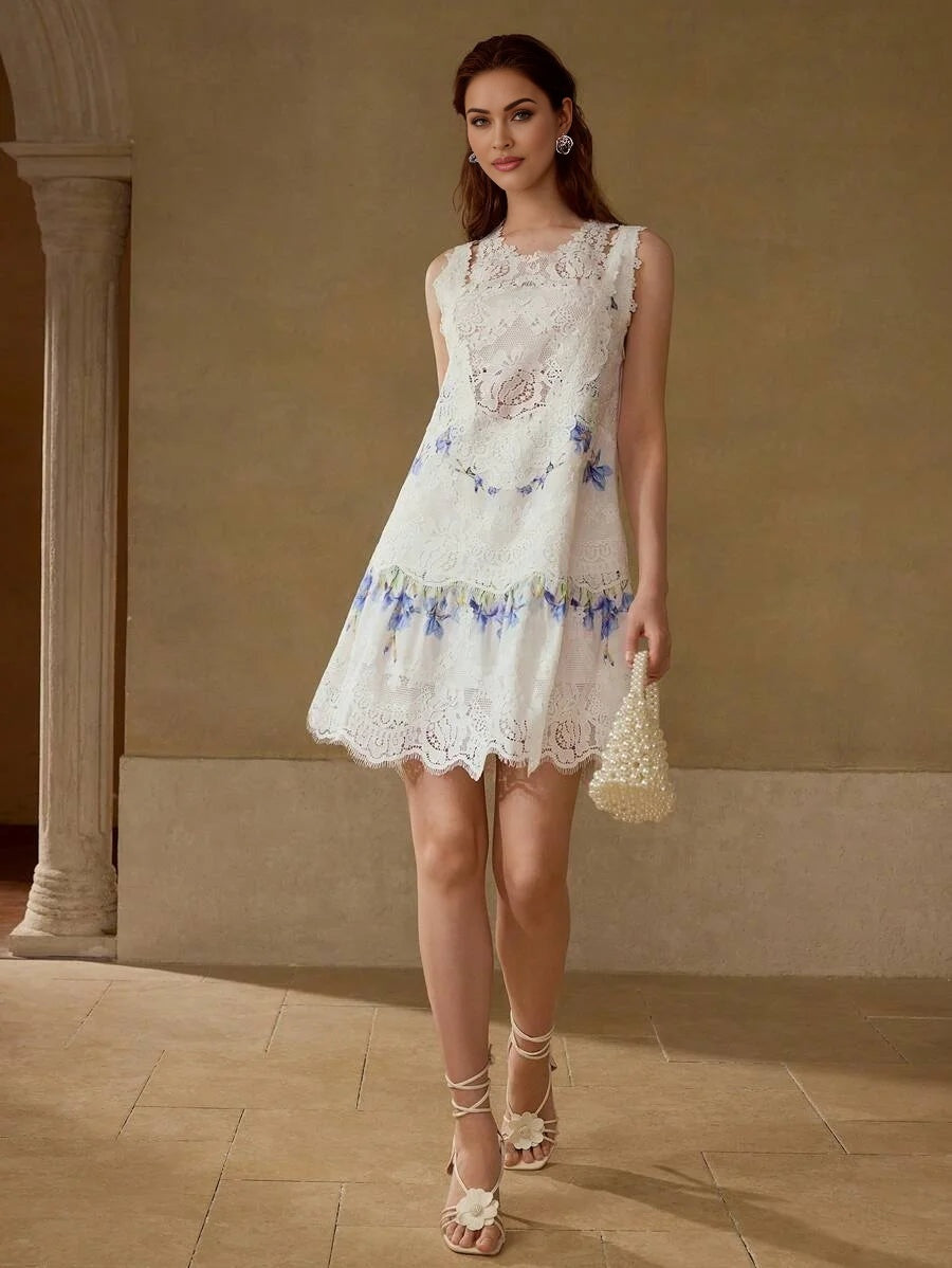 PREMIUM CONTRAST LACE FLORAL PRINT DRESS