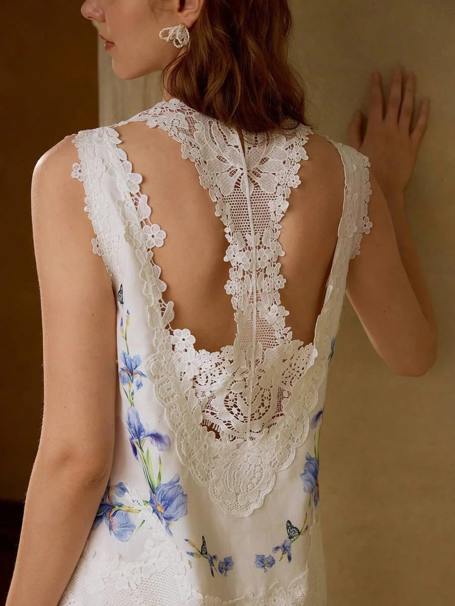 PREMIUM CONTRAST LACE FLORAL PRINT DRESS