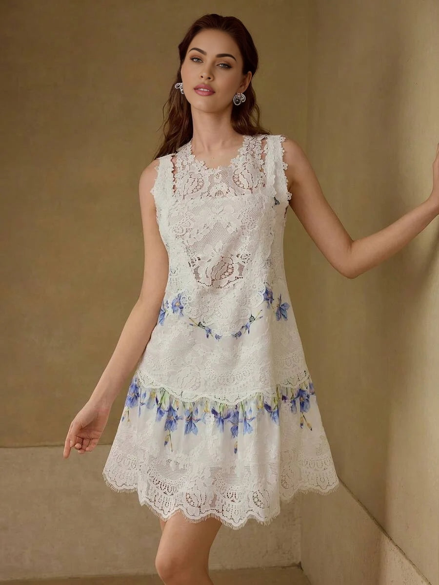 PREMIUM CONTRAST LACE FLORAL PRINT DRESS