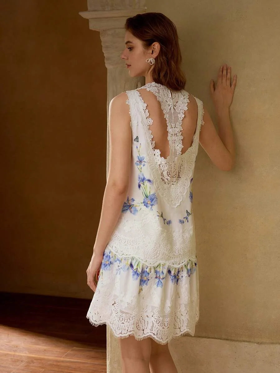 PREMIUM CONTRAST LACE FLORAL PRINT DRESS