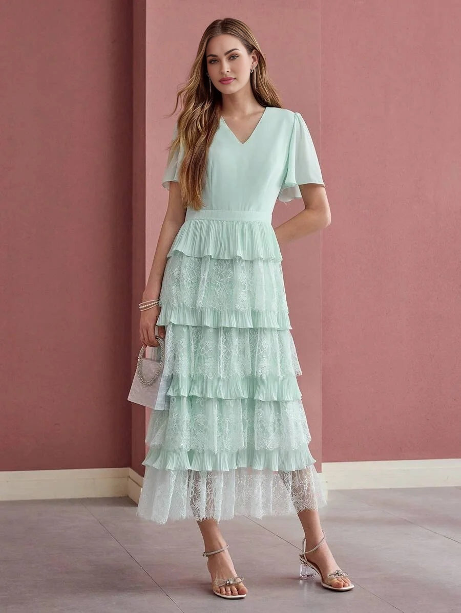 PREMIUM CONTRAST LACE LAYERED RUFFLE HEM DRESS