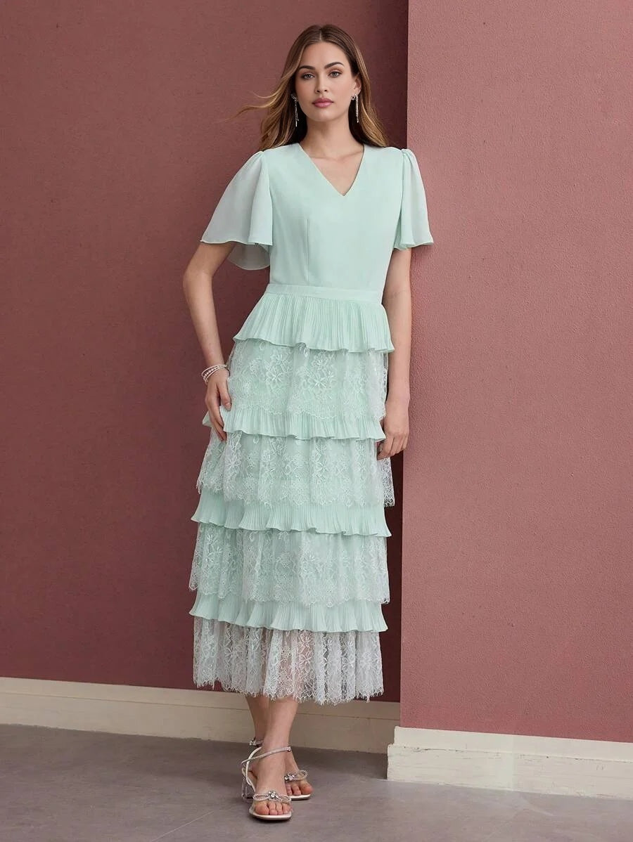 PREMIUM CONTRAST LACE LAYERED RUFFLE HEM DRESS