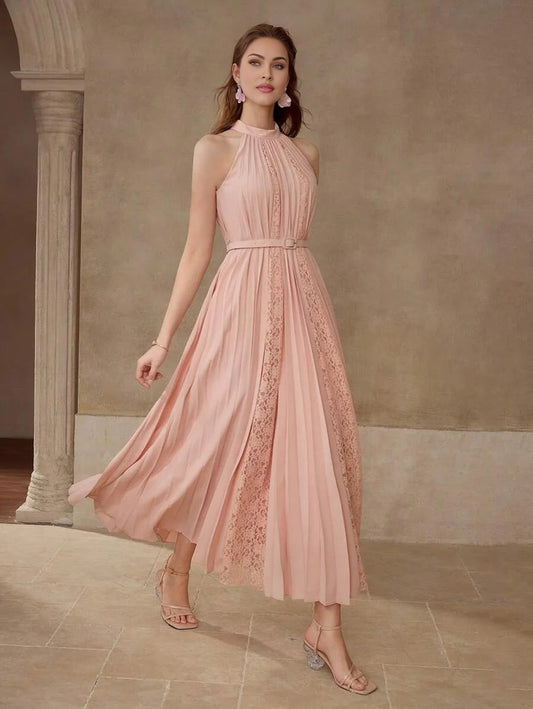 PREMIUM CONTRAST LACE PLEATED HALTERNECK DRESS