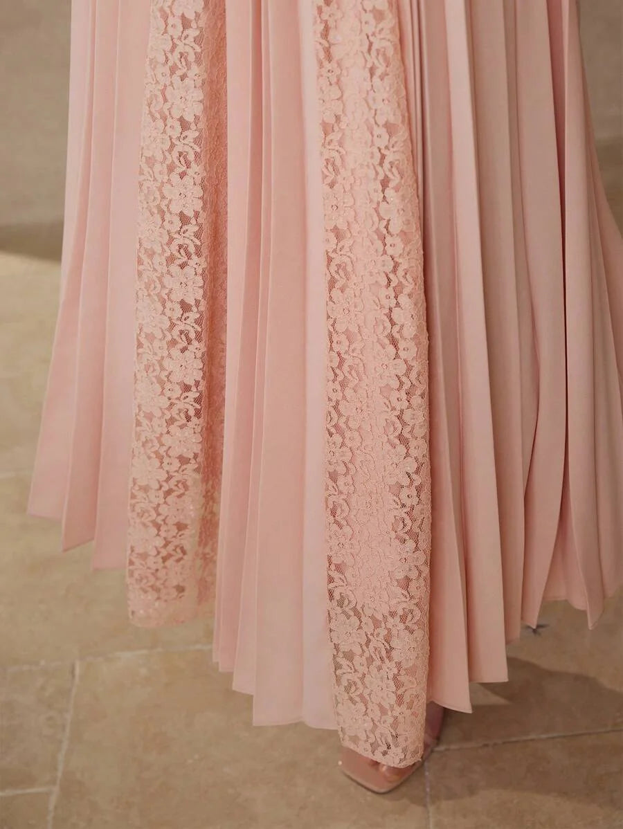PREMIUM CONTRAST LACE PLEATED HALTERNECK DRESS
