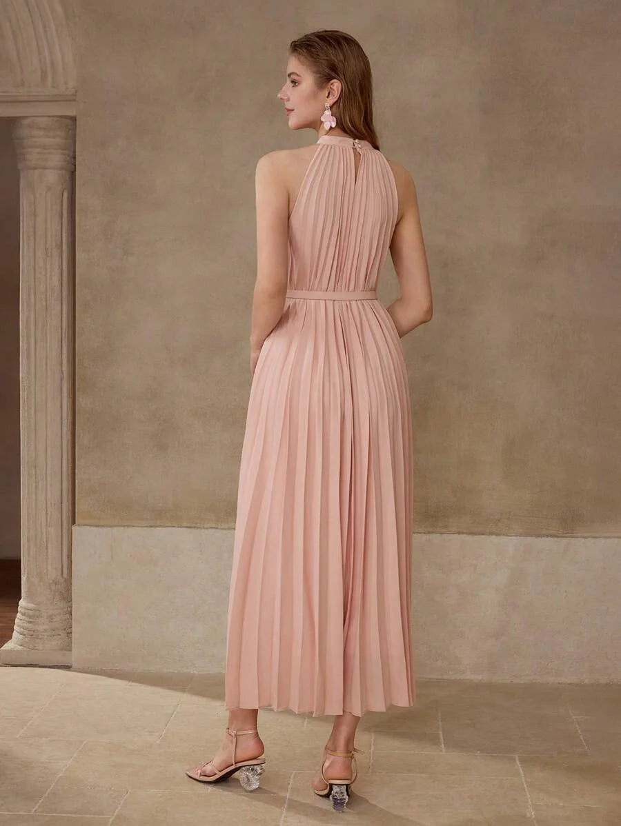 PREMIUM CONTRAST LACE PLEATED HALTERNECK DRESS