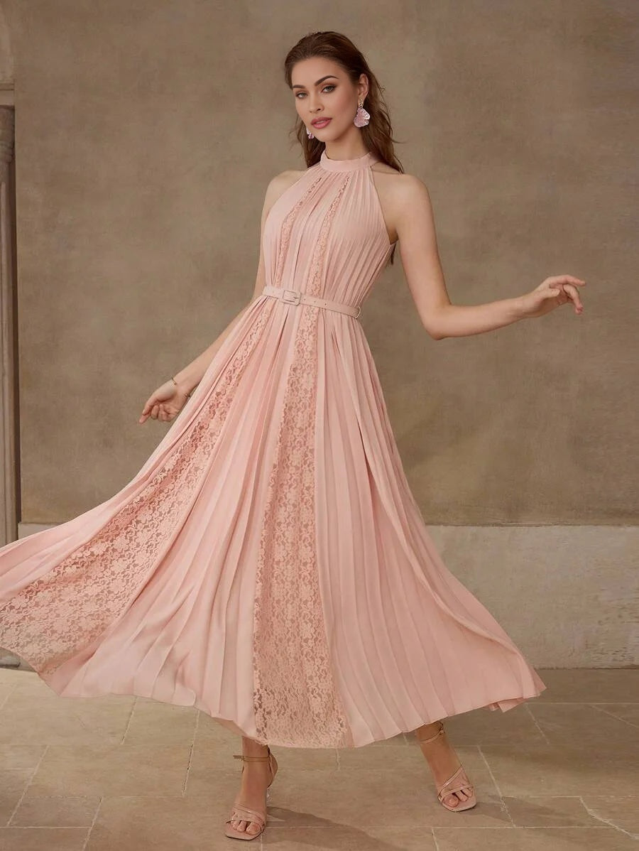 PREMIUM CONTRAST LACE PLEATED HALTERNECK DRESS