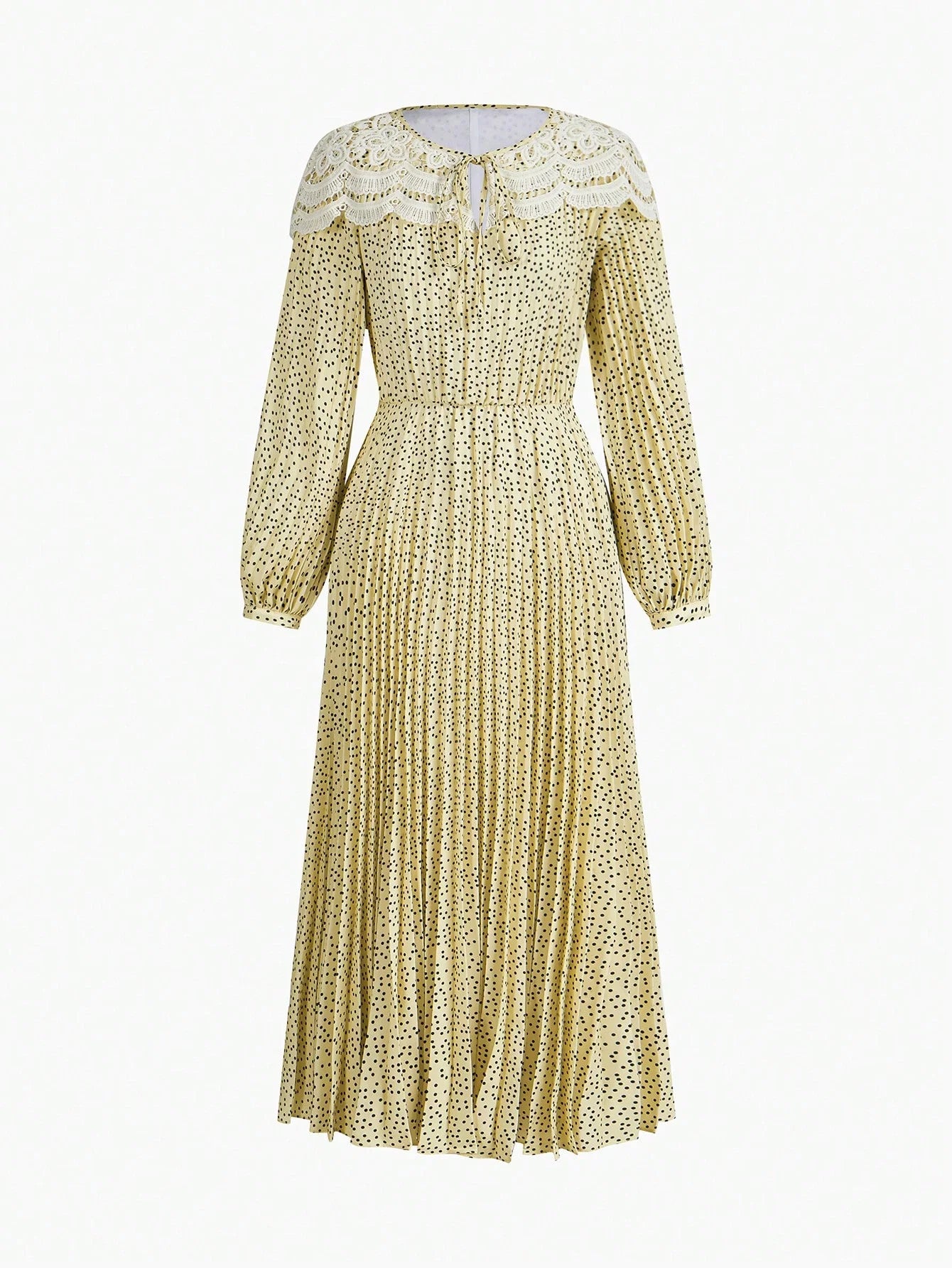 PREMIUM CONTRAST LACE POLKA DOT PLEATED DRESSSPRINGSUMMER