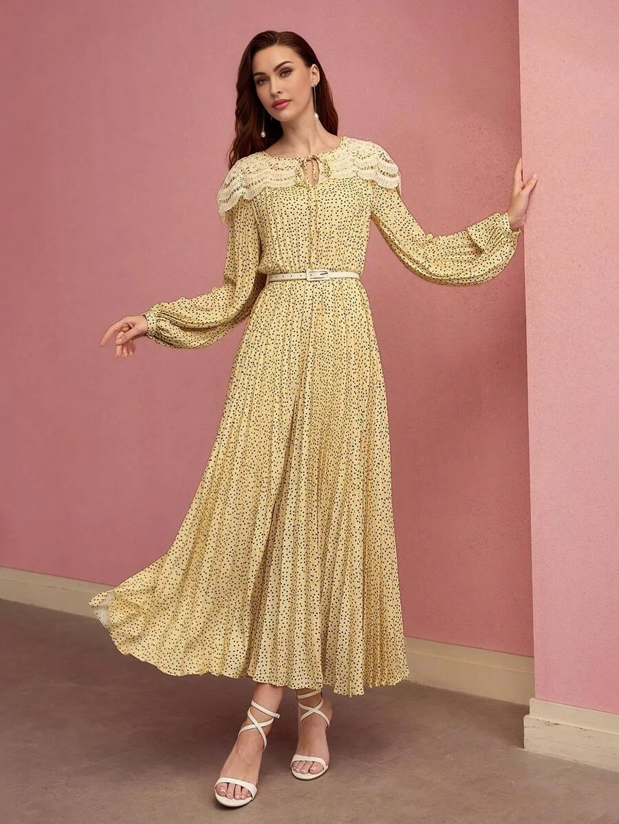 PREMIUM CONTRAST LACE POLKA DOT PLEATED DRESSSPRINGSUMMER