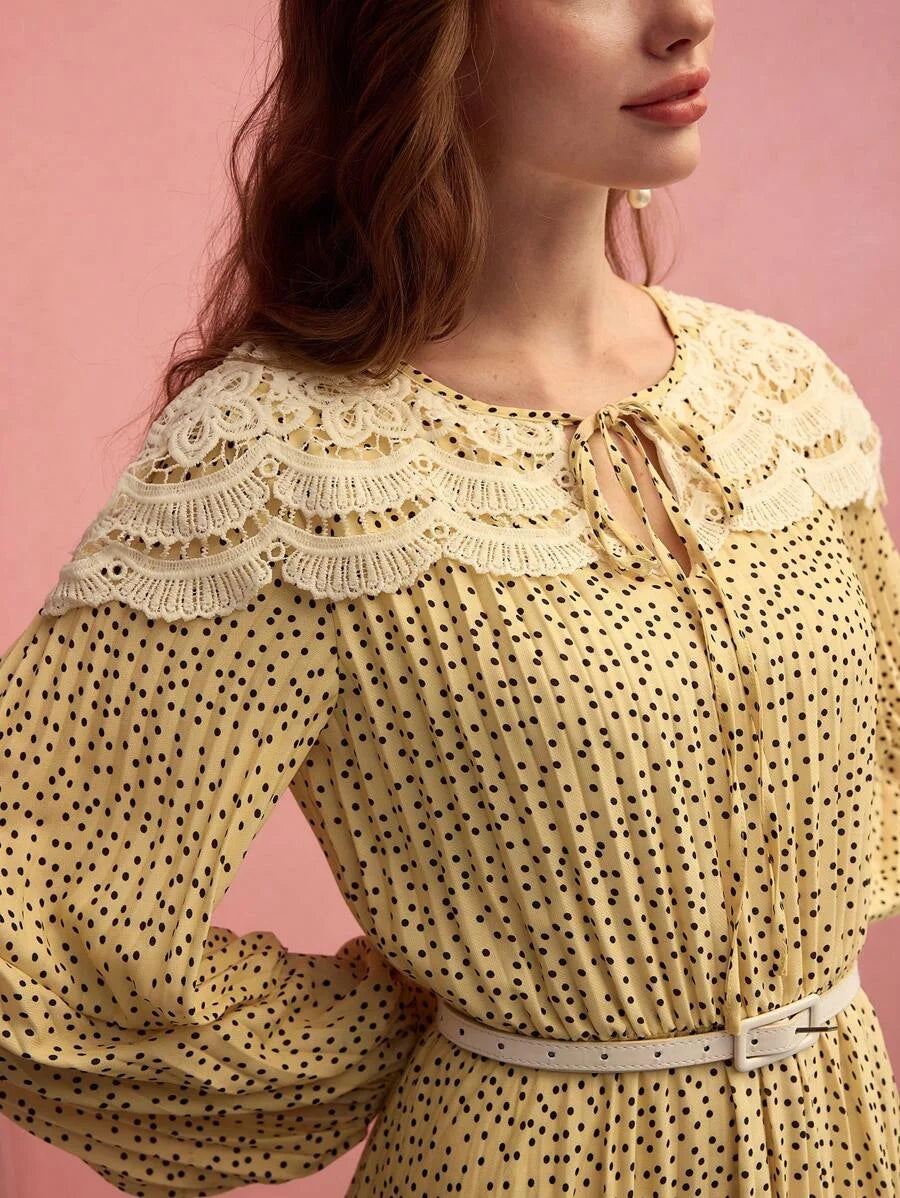 PREMIUM CONTRAST LACE POLKA DOT PLEATED DRESSSPRINGSUMMER