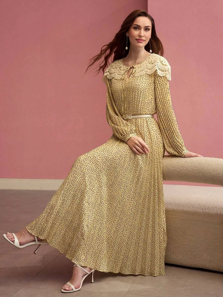 PREMIUM CONTRAST LACE POLKA DOT PLEATED DRESSSPRINGSUMMER
