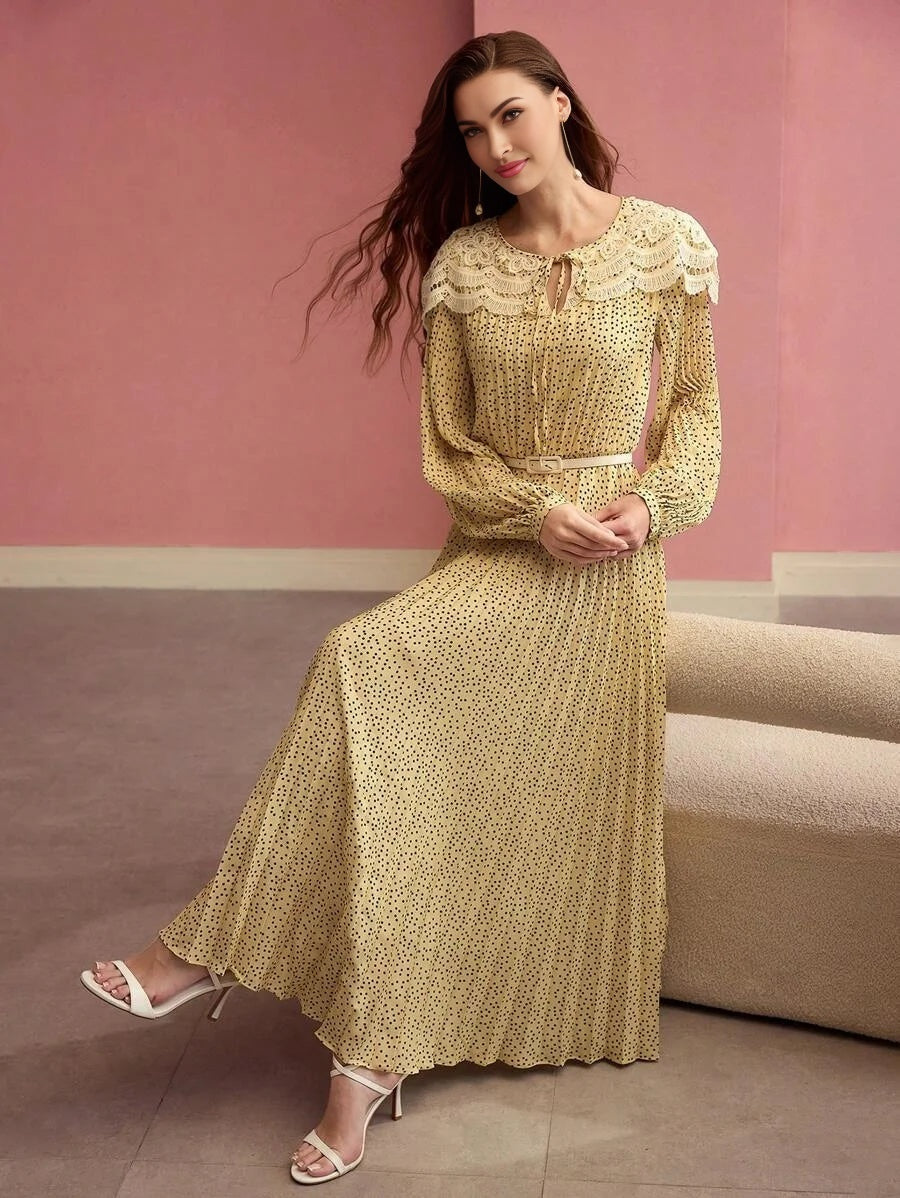 PREMIUM CONTRAST LACE POLKA DOT PLEATED DRESSSPRINGSUMMER