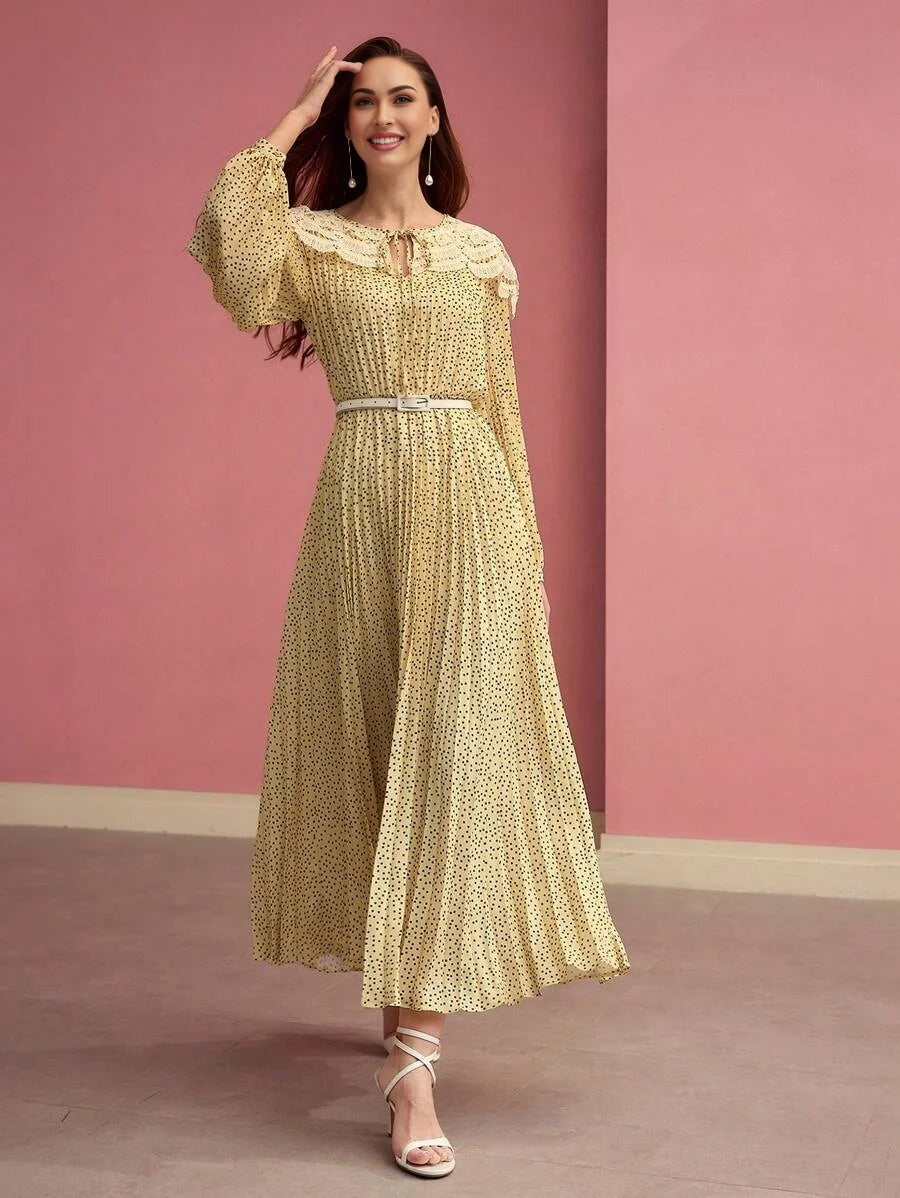 PREMIUM CONTRAST LACE POLKA DOT PLEATED DRESSSPRINGSUMMER