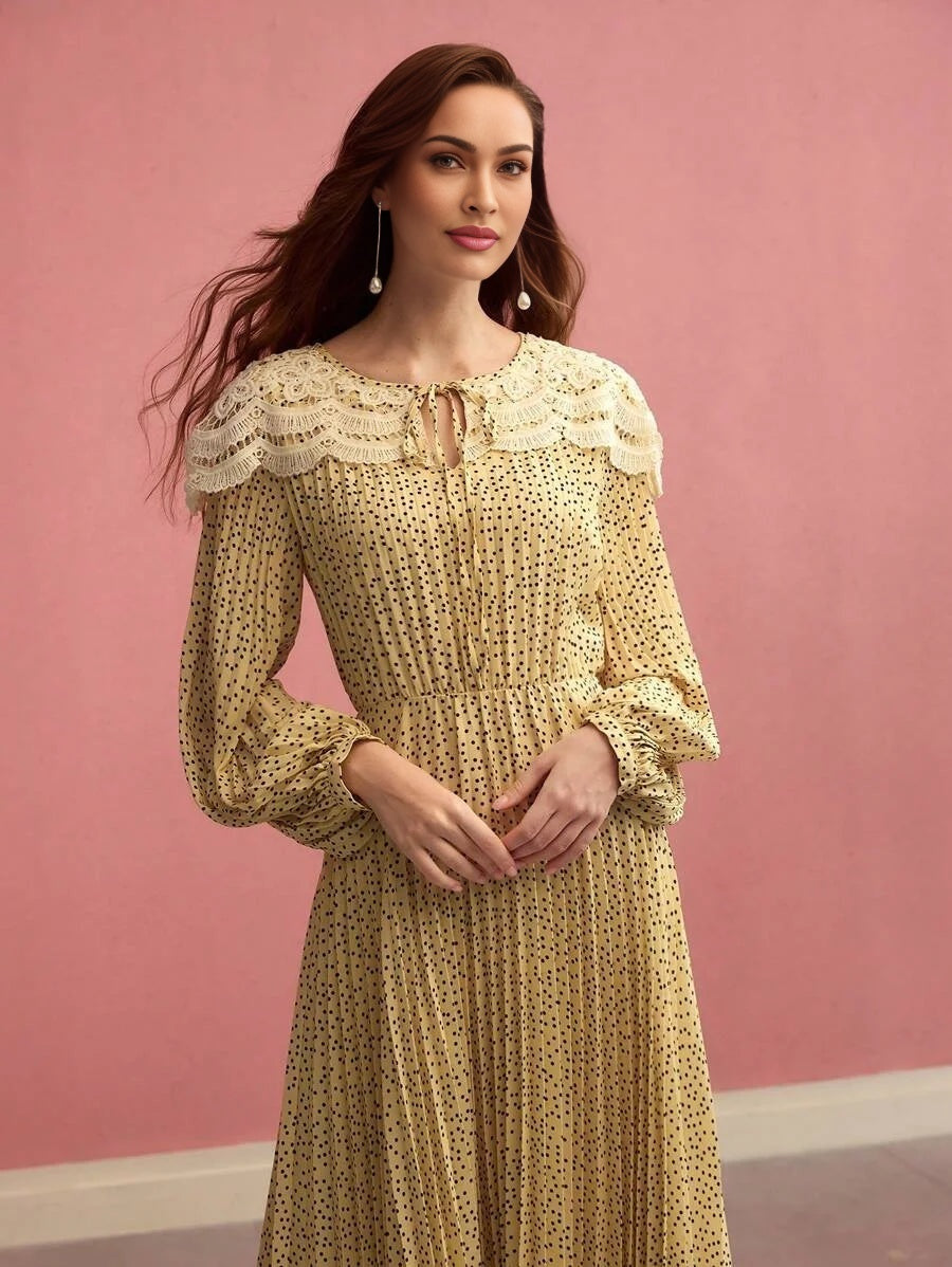 PREMIUM CONTRAST LACE POLKA DOT PLEATED DRESSSPRINGSUMMER