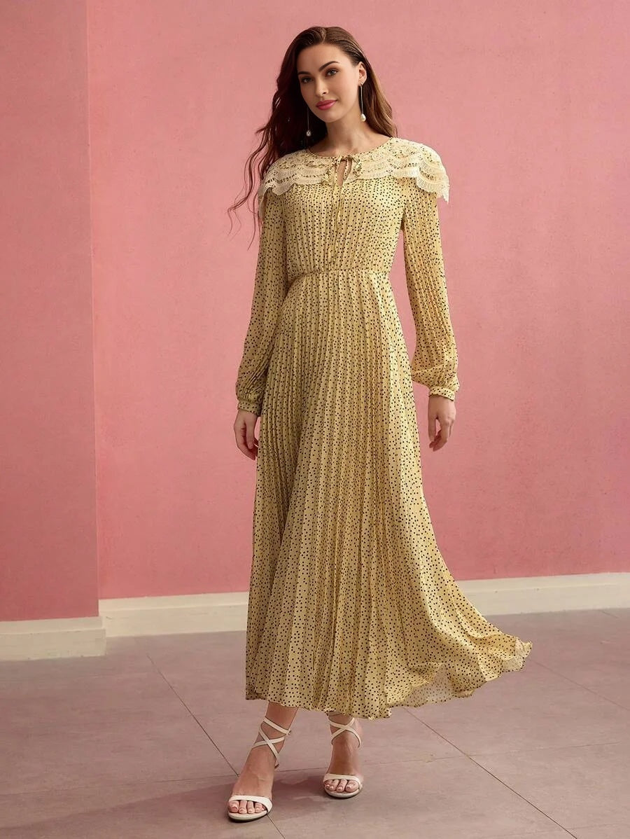 PREMIUM CONTRAST LACE POLKA DOT PLEATED DRESSSPRINGSUMMER