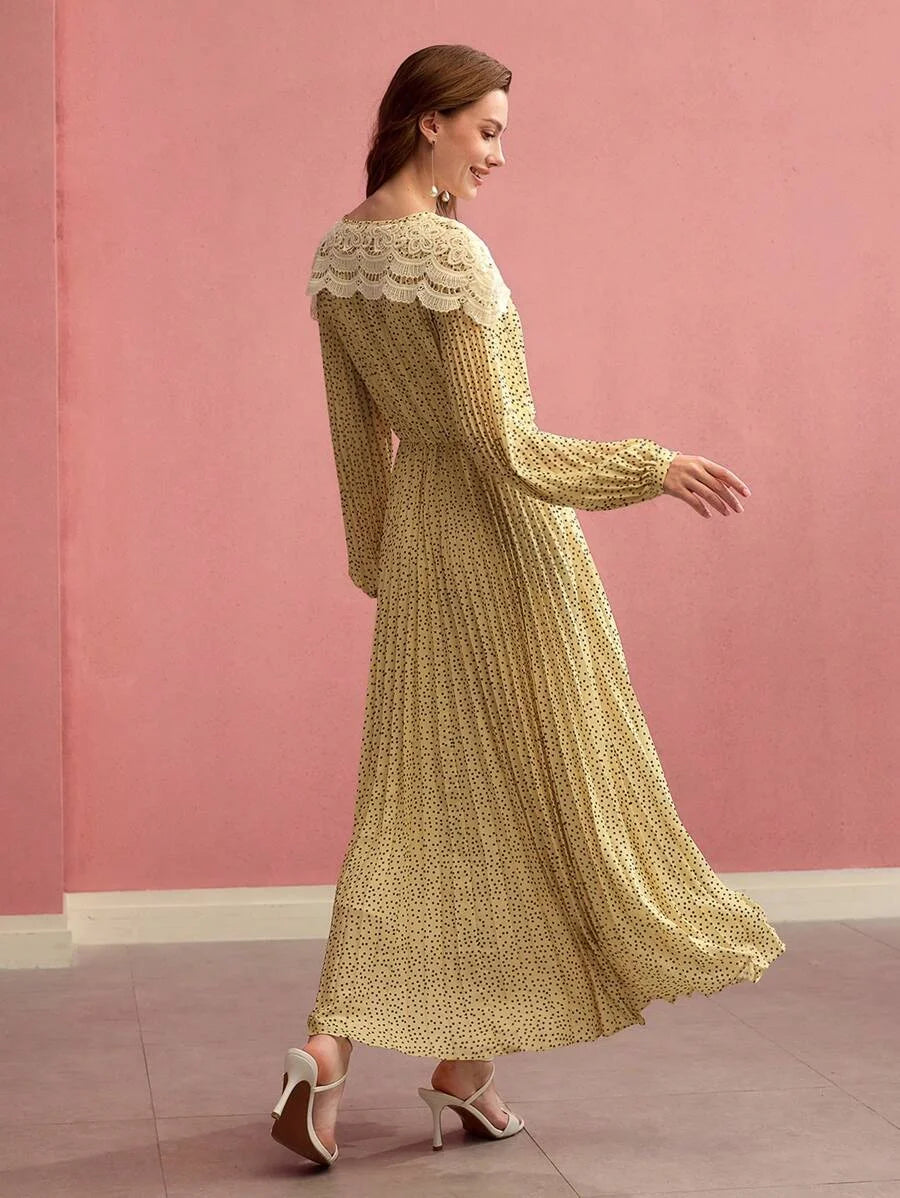 PREMIUM CONTRAST LACE POLKA DOT PLEATED DRESSSPRINGSUMMER