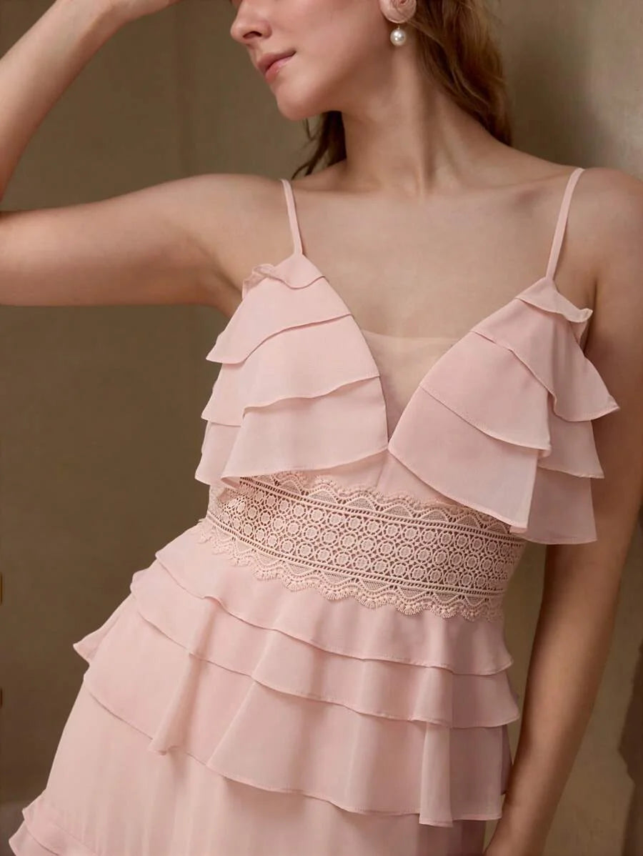 PREMIUM CONTRAST LACE RUFFLE DRESS