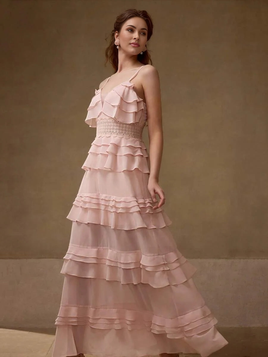 PREMIUM CONTRAST LACE RUFFLE DRESS