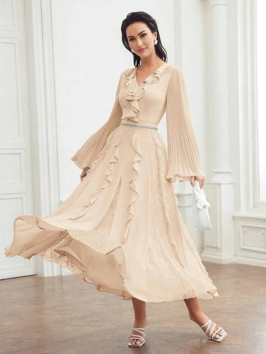 PREMIUM CONTRAST LACE RUFFLE FLOWY DRESS