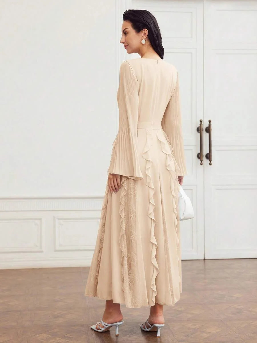 PREMIUM CONTRAST LACE RUFFLE FLOWY DRESS