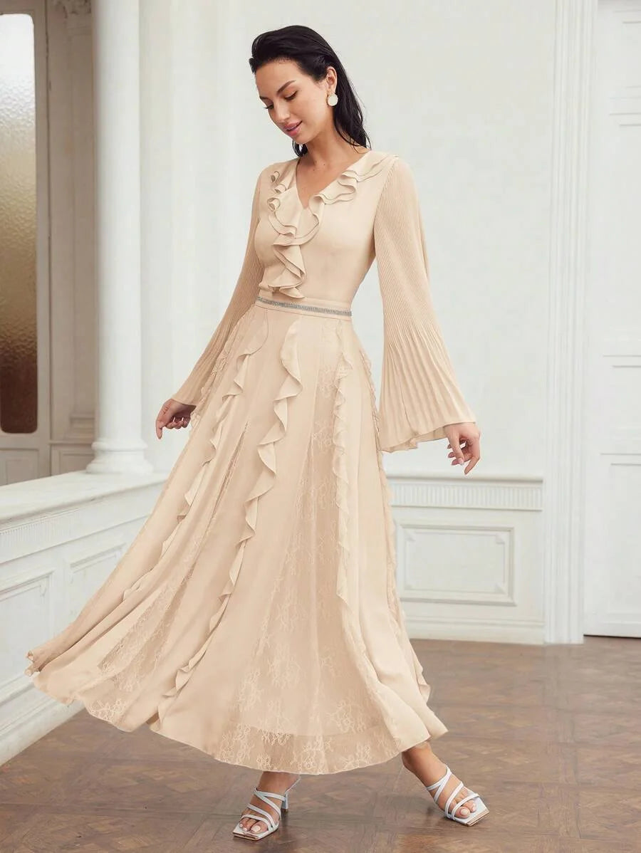 PREMIUM CONTRAST LACE RUFFLE FLOWY DRESS