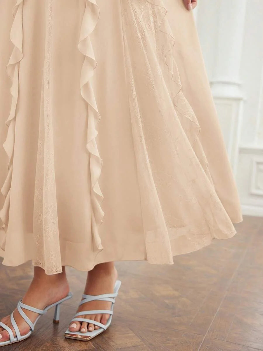 PREMIUM CONTRAST LACE RUFFLE FLOWY DRESS