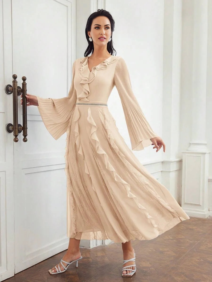 PREMIUM CONTRAST LACE RUFFLE FLOWY DRESS