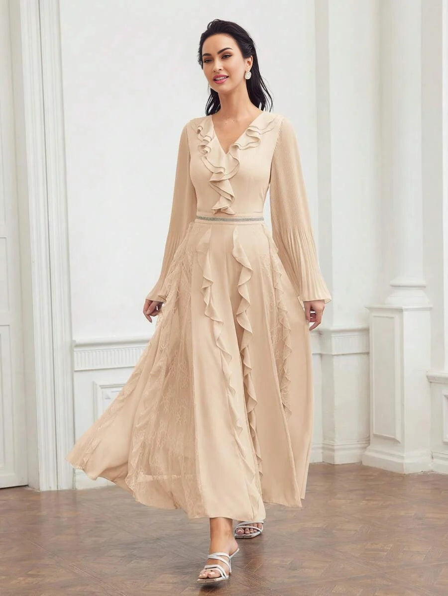 PREMIUM CONTRAST LACE RUFFLE FLOWY DRESS