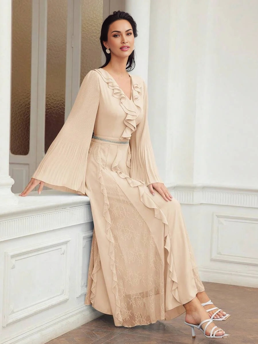 PREMIUM CONTRAST LACE RUFFLE FLOWY DRESS