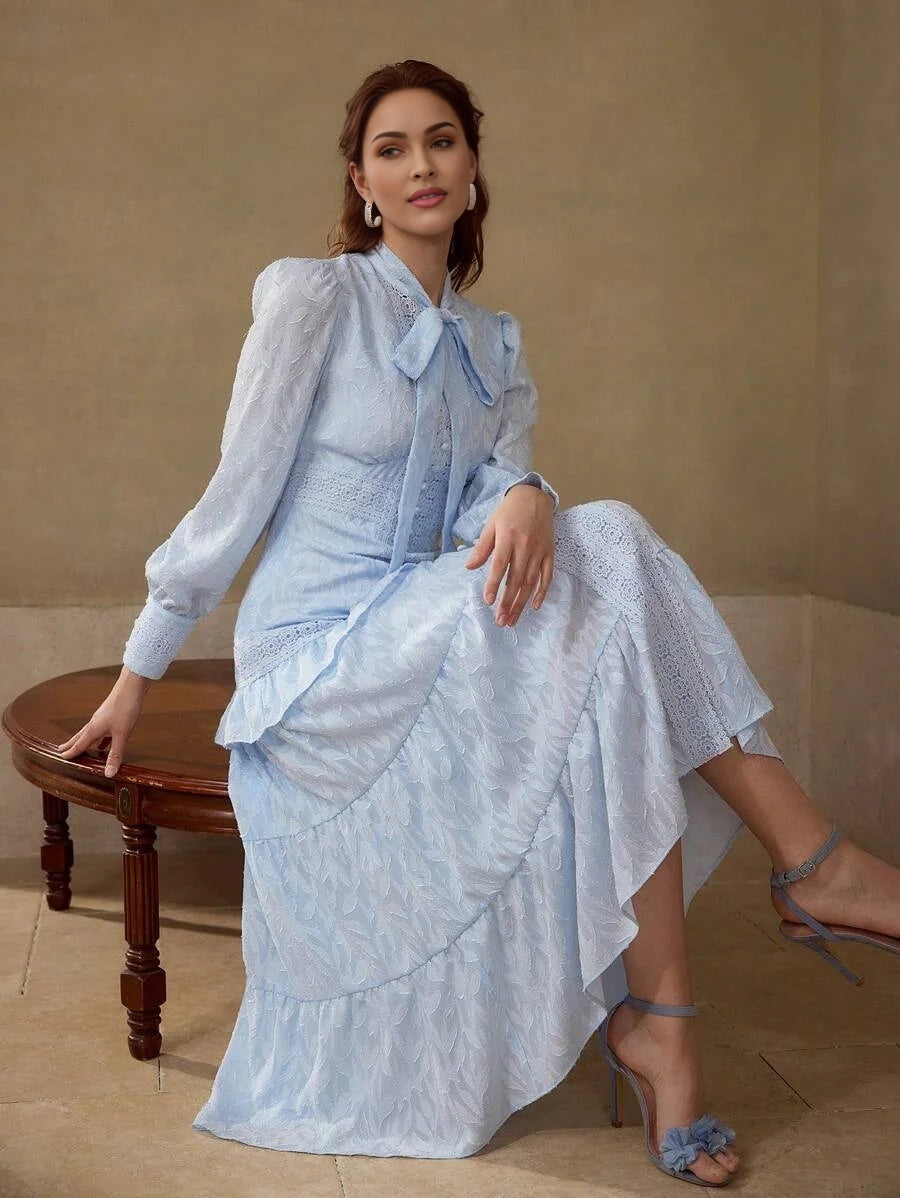 PREMIUM CONTRAST LACE RUFFLE HEM DRESS