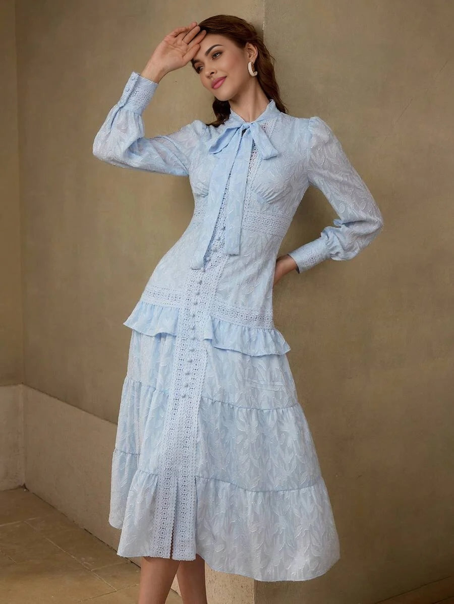 PREMIUM CONTRAST LACE RUFFLE HEM DRESS