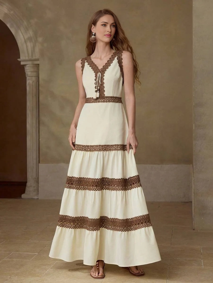 PREMIUM CONTRAST LACE RUFFLE HEM DRESS