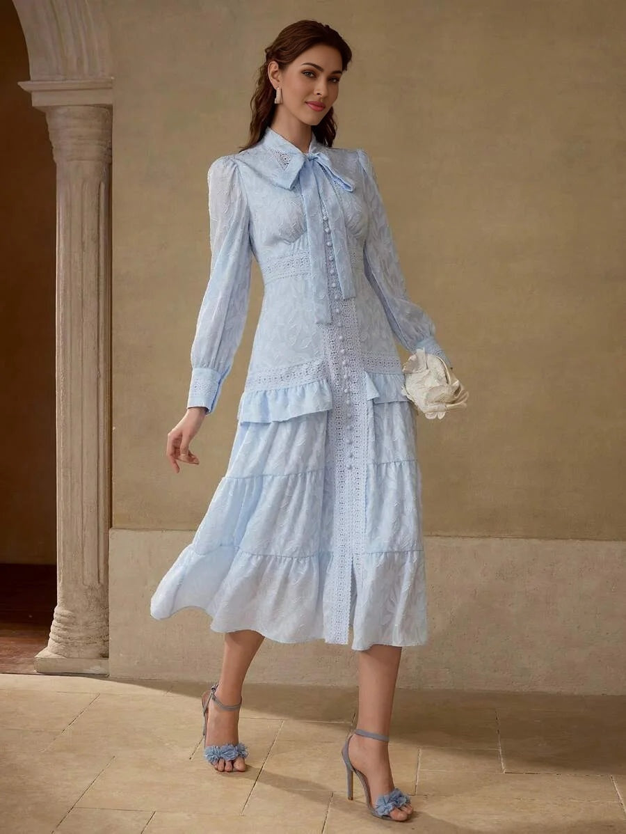 PREMIUM CONTRAST LACE RUFFLE HEM DRESS