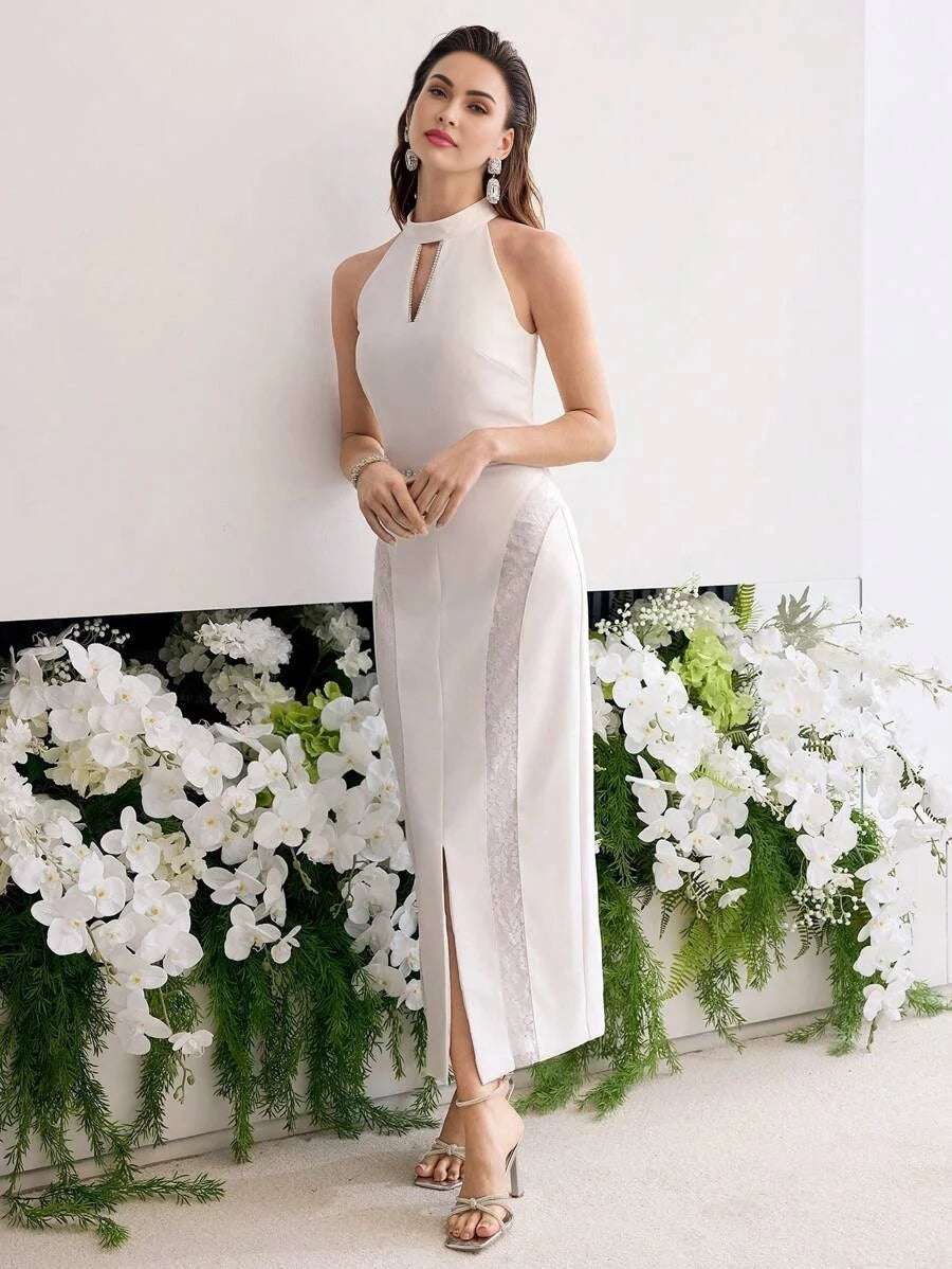 PREMIUM CONTRAST LACE SPLIT HEM DRESS