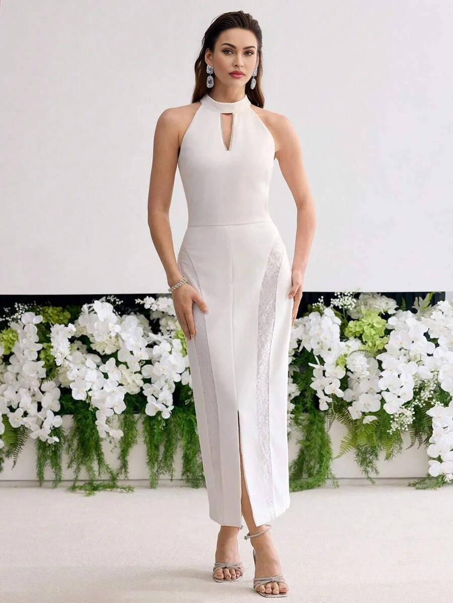 PREMIUM CONTRAST LACE SPLIT HEM DRESS