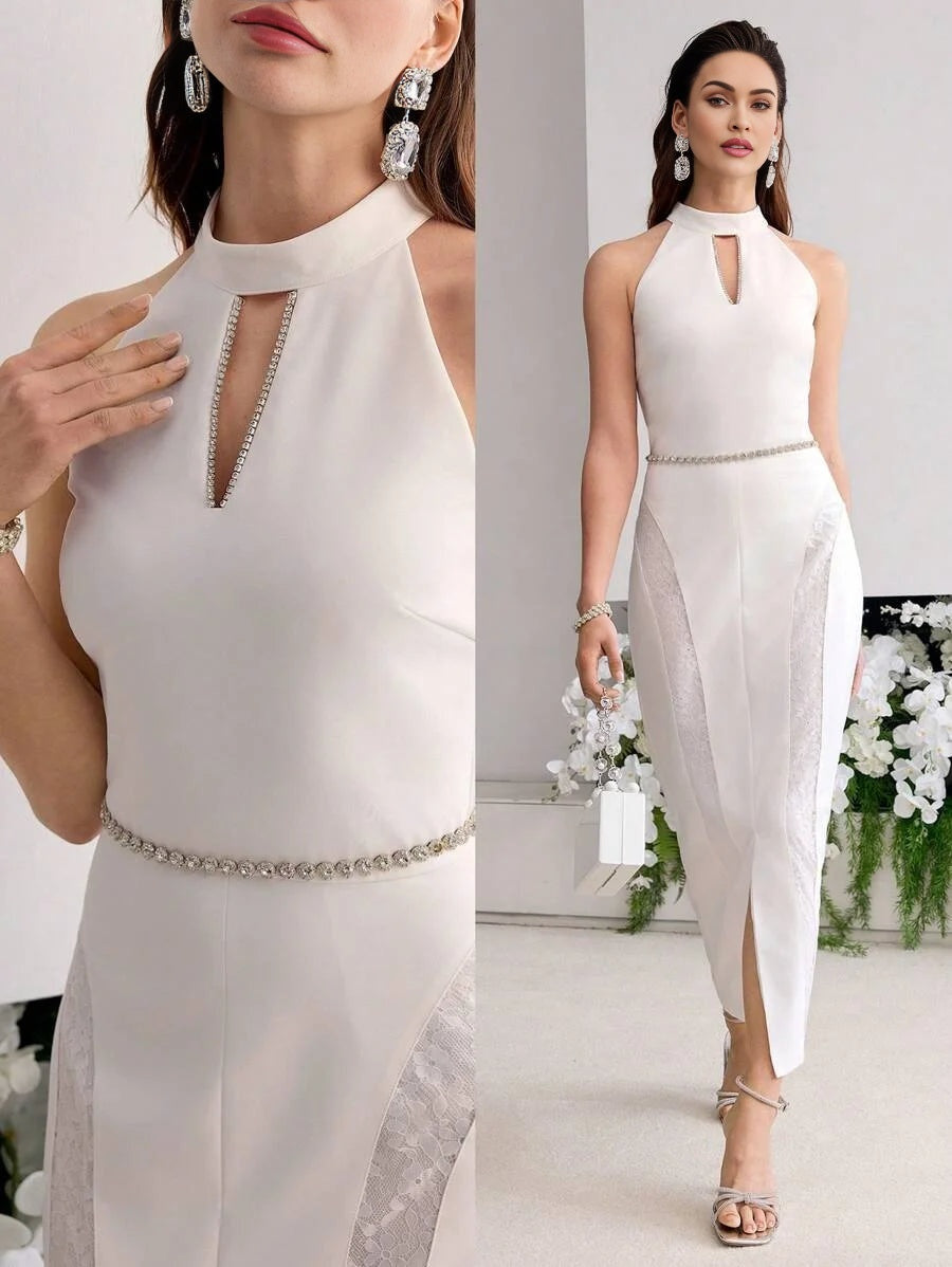 PREMIUM CONTRAST LACE SPLIT HEM DRESS