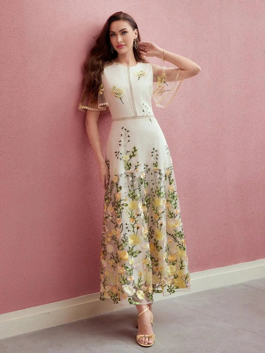 PREMIUM CONTRAST MESH FLORAL EMBROIDERY DRESSSPRINGSUMMER