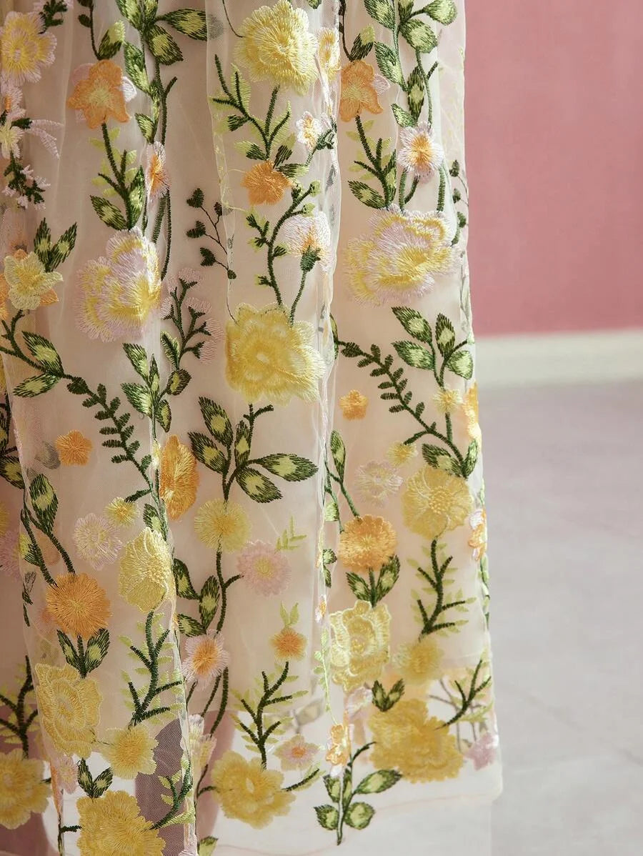 PREMIUM CONTRAST MESH FLORAL EMBROIDERY DRESSSPRINGSUMMER