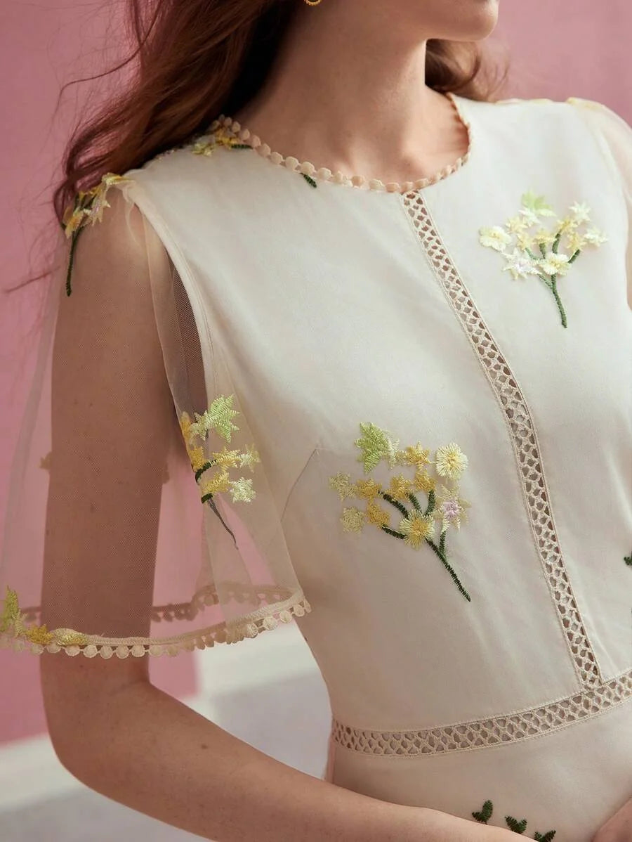 PREMIUM CONTRAST MESH FLORAL EMBROIDERY DRESSSPRINGSUMMER
