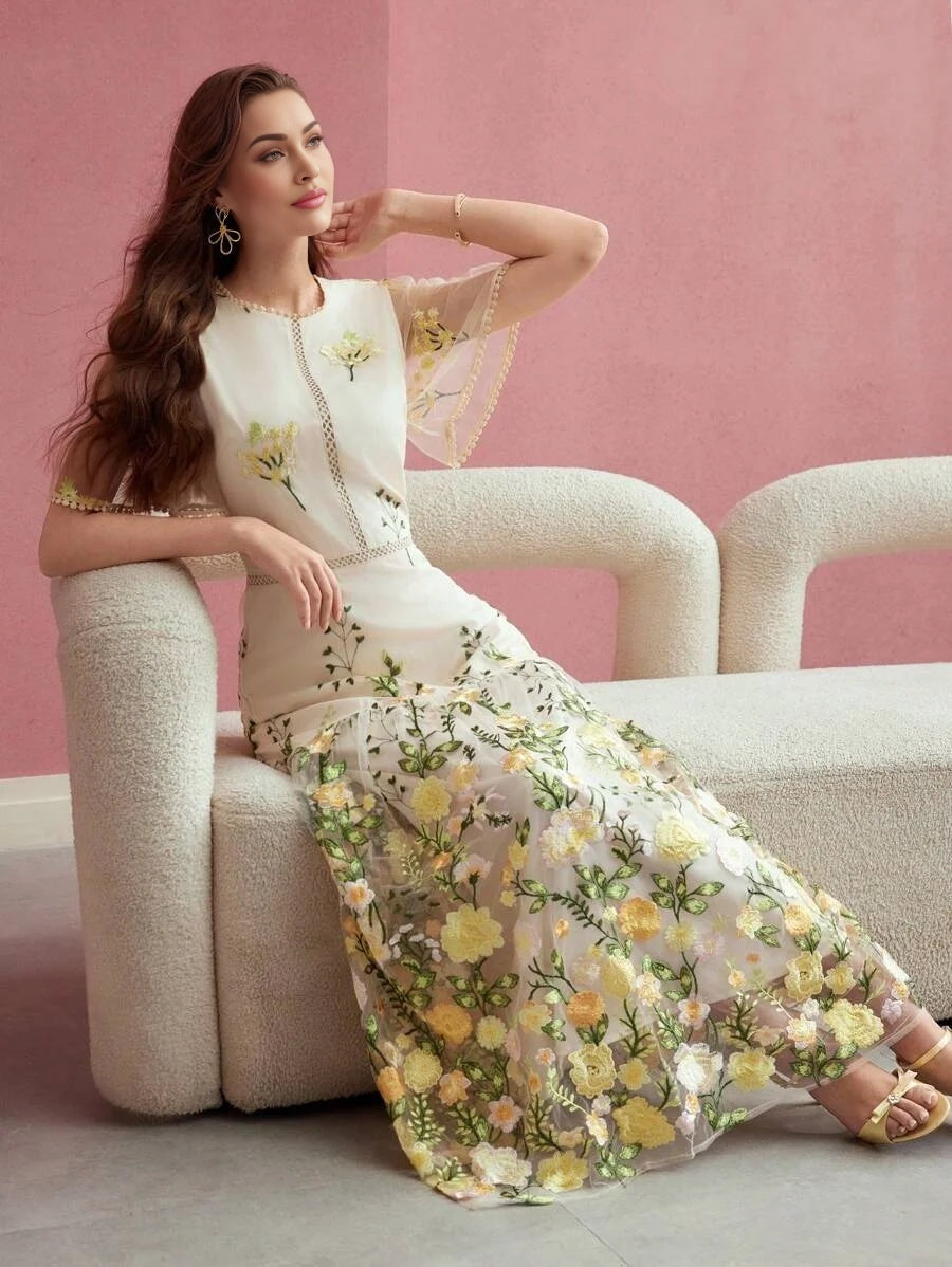 PREMIUM CONTRAST MESH FLORAL EMBROIDERY DRESSSPRINGSUMMER