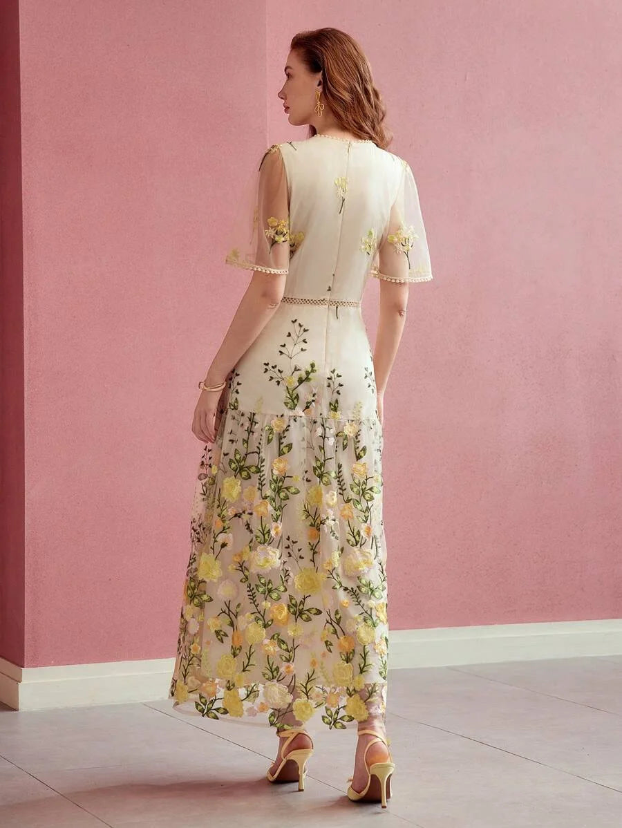 PREMIUM CONTRAST MESH FLORAL EMBROIDERY DRESSSPRINGSUMMER
