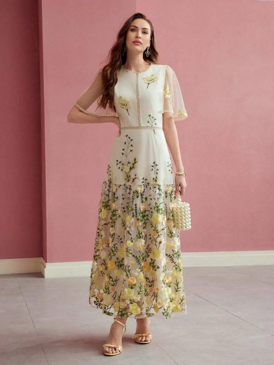 PREMIUM CONTRAST MESH FLORAL EMBROIDERY DRESSSPRINGSUMMER