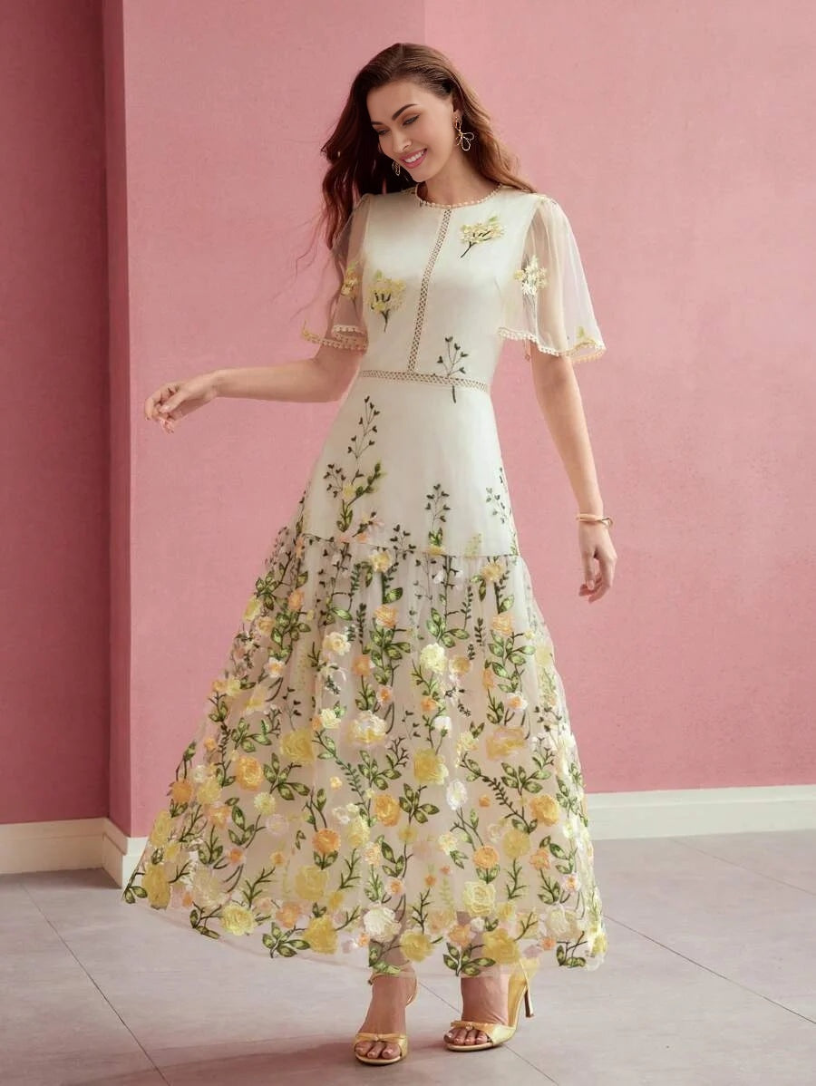 PREMIUM CONTRAST MESH FLORAL EMBROIDERY DRESSSPRINGSUMMER