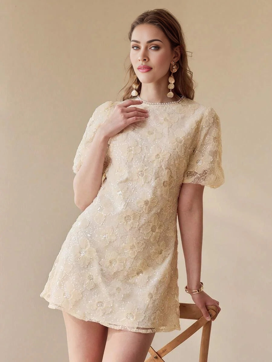 PREMIUM CONTRAST MESH PUFF SLEEVE DRESS