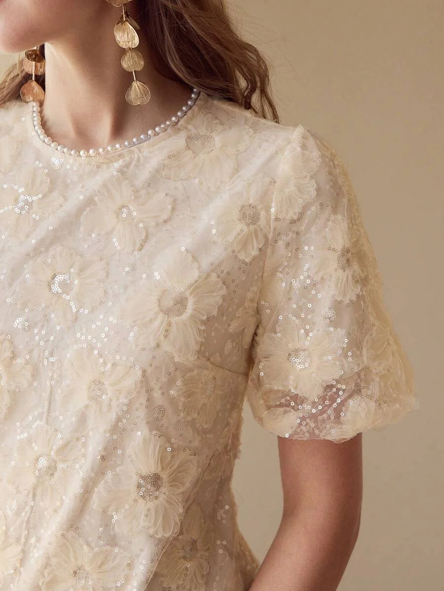 PREMIUM CONTRAST MESH PUFF SLEEVE DRESS