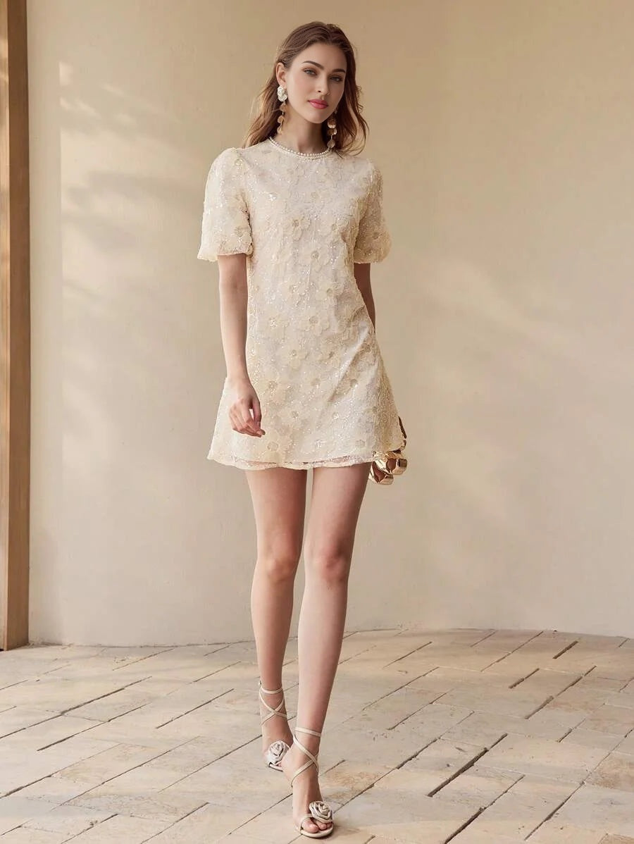 PREMIUM CONTRAST MESH PUFF SLEEVE DRESS
