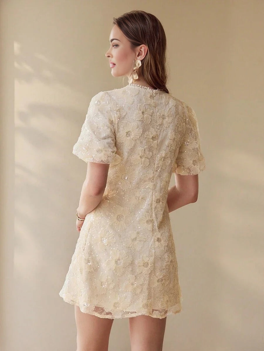 PREMIUM CONTRAST MESH PUFF SLEEVE DRESS