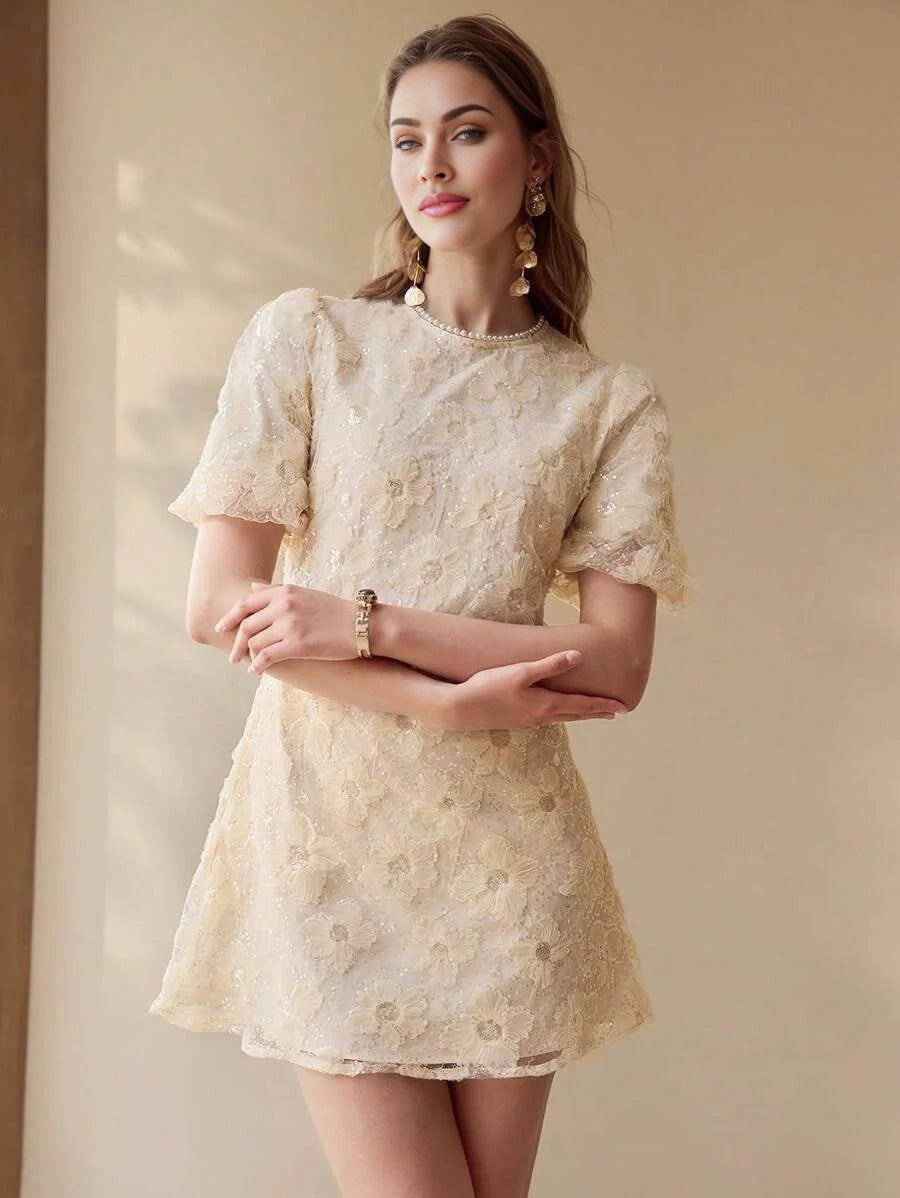 PREMIUM CONTRAST MESH PUFF SLEEVE DRESS