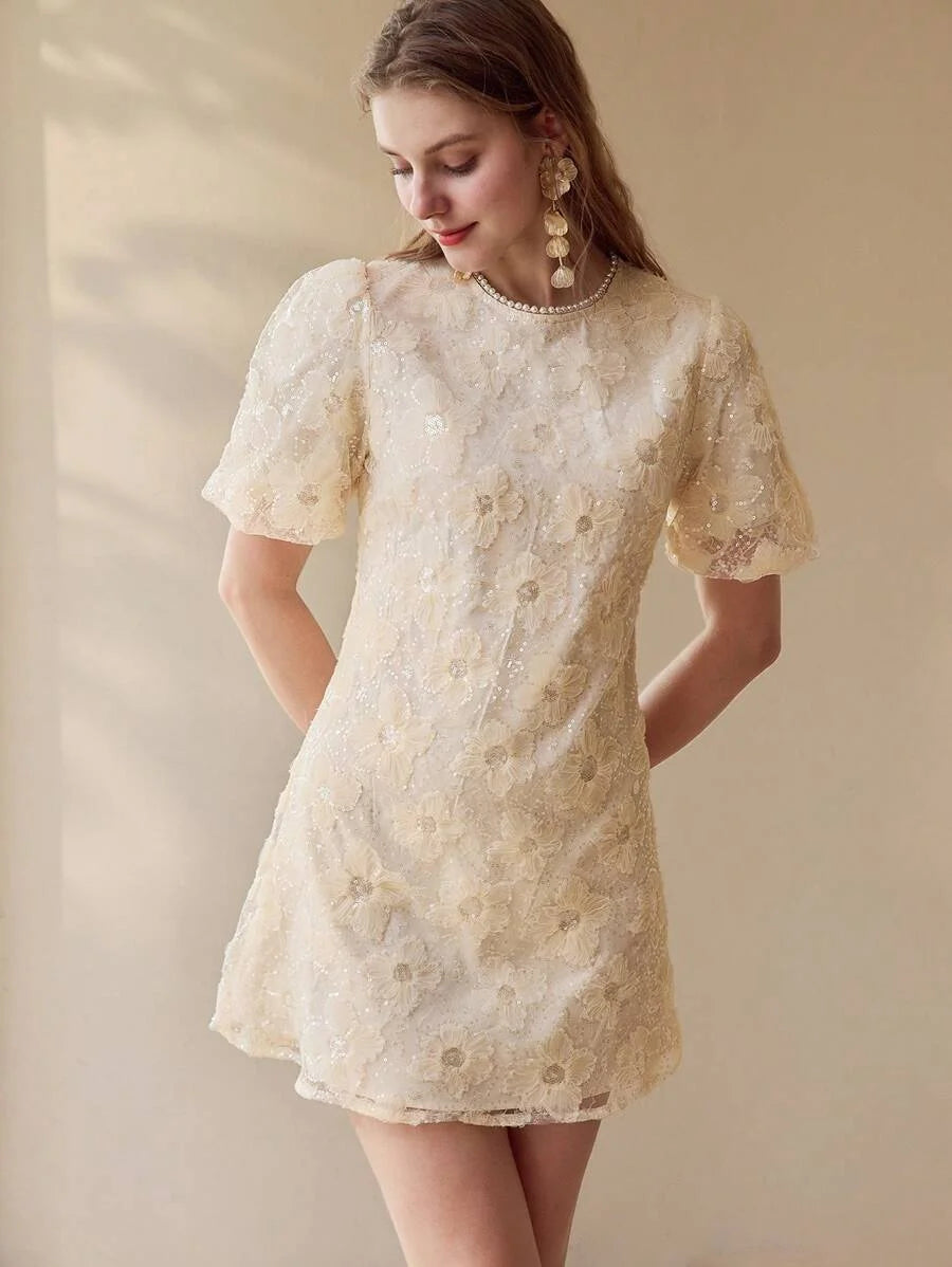 PREMIUM CONTRAST MESH PUFF SLEEVE DRESS