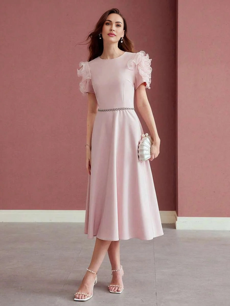 PREMIUM CONTRAST MESH RUFFLE TRIM DRESS