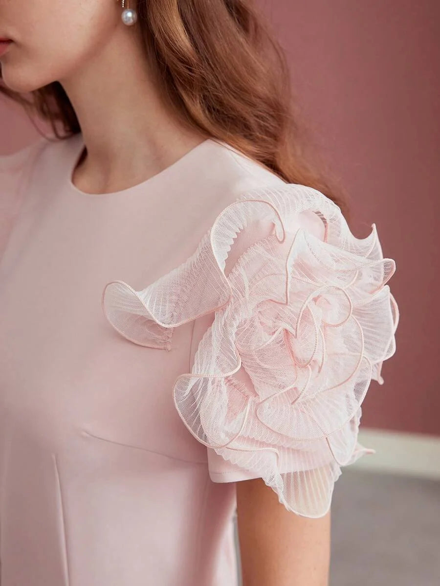 PREMIUM CONTRAST MESH RUFFLE TRIM DRESS